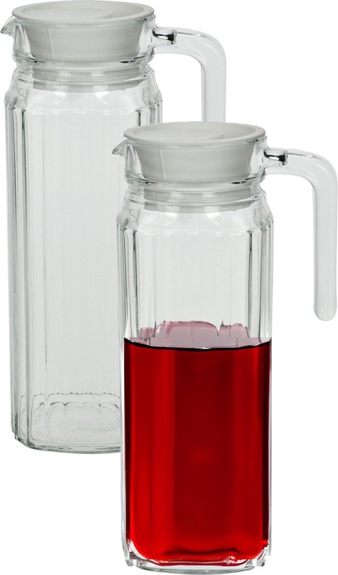 2x Glazen koelkast schenkkannen met afsluitbare dop 1,1 L - Glazen sapkan/limonade kannen