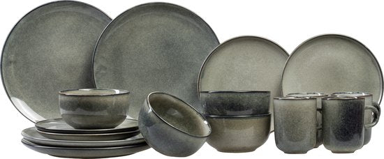 Salt & Pepper Serviesset Meridian - Groen/Blauw - 16-delig voor 4 Personen - Aardewerk - Inclusief Dinerborden, Ontbijtborden, Kommen en Kopjes - Magnetron- en Vaatwasserbestendig
