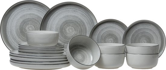 Cosy & Trendy Serviesset 6 personen – Baltic Grey – 18-delig – Bevat Dinerborden, Ontbijtborden & Diepe Borden – Lichtgrijs aardewerk met uniek patroon – Vaatwasser- en Magnetronbestendig – Stapelbaar