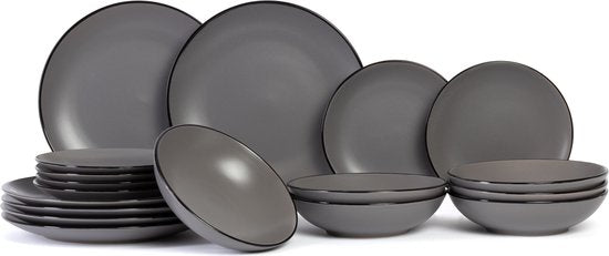Cosy & Trendy Serviesset Speckle – Grijs – 18-delig / 6 Personen – Bevat 6 Dinerborden, 6 Diepe Borden en 6 Ontbijtborden – Grijs aardewerk met speckle effect – Vaatwasser- en Magnetronbestendig – Stapelbaar