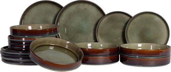 Cosy & Trendy Serviesset Quintana Green – 18-delig / 6 Personen – Bevat 6 Dinerborden, 6 Diepe Borden en 6 Ontbijtborden – Groene aardewerk met unieke textuur – Vaatwasser- en Magnetronbestendig – Stapelbaar