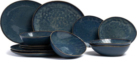 Cosy & Trendy Serviesset Aicha Blue - 12-delig / 4 personen - 4 dinerborden, 4 ontbijtborden en 4 diepe borden
