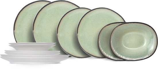Cosy & Trendy Serviesset Fez - Groen - 12-delig / 4 personen - 4 dinerborden, 4 ontbijtborden en 4 diepe borden