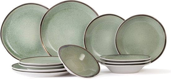 Cosy & Trendy Serviesset Fez - Groen - 12-delig / 4 personen - 4 dinerborden, 4 ontbijtborden en 4 diepe borden