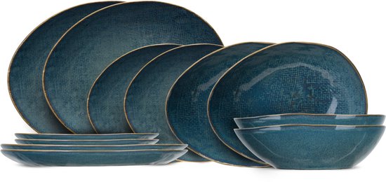 Cosy & Trendy Serviesset Aicha Blue - 12-delig / 4 personen - 4 dinerborden, 4 ontbijtborden en 4 diepe borden