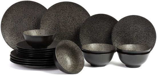 Cosy & Trendy Serviesset Candy Black - 18-delig / 6 personen - 6 dinerborden, 6 ontbijtborden en 6 kommen