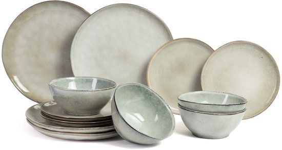 Salt & Pepper Serviesset Artisan Green - 12-delig / 4 personen - 4 dinerborden, 4 ontbijtborden en 4 kommen