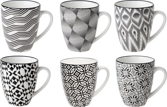 Cosy & Trendy Kopjes/bekers Nikko - set van 12x stuks - zwart/wit - 19 cl - koffiekopjes - theekopjes - koffie/thee bekers