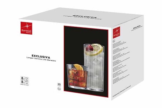 Bormioli Rocco Exclusiva Drinkglazen Set – 16-delig – 8 Longdrinkglazen 47,5 cl & 8 Tumblers 35,5 cl