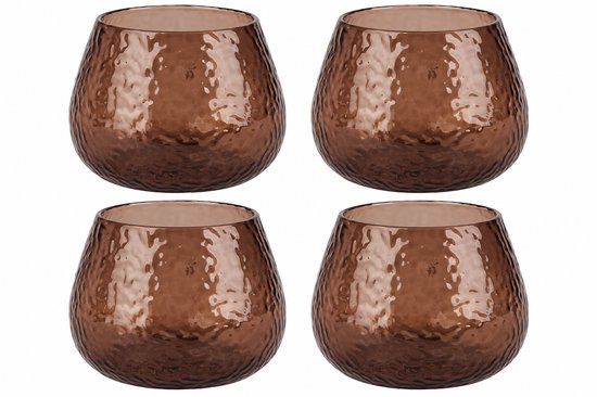 Cosy @ Home Hammered Theelichthouders – Bruin Glas – Set van 4 – Ø10 x H7,5 cm – Sfeervolle Waxinelichthouders
