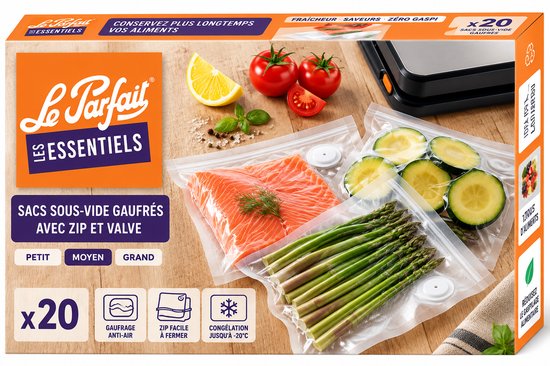 Le Parfait Vacuümzakken 20 x 30 cm – Set van 20 – Met Zipsluiting & Ventiel – Voor Vacuüm Bewaren