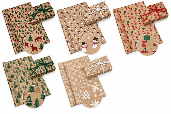 Paw Decor Collection Cadeaupapier Kraft – Set van 5 Rollen – 70 x 200 cm – Assorti Inpakpapier