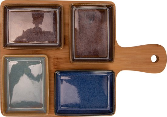 Cosy & Trendy Serveerplank bamboe - 4x luxe schaaltjes - 29 x 20 cm - Tapas - Hapjes - Sauzen