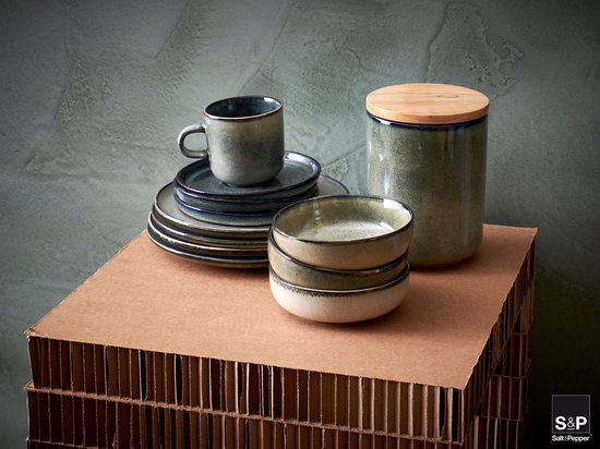 Salt & Pepper Serviesset Meridian - Groen/Blauw - 16-delig voor 4 Personen - Aardewerk - Inclusief Dinerborden, Ontbijtborden, Kommen en Kopjes - Magnetron- en Vaatwasserbestendig