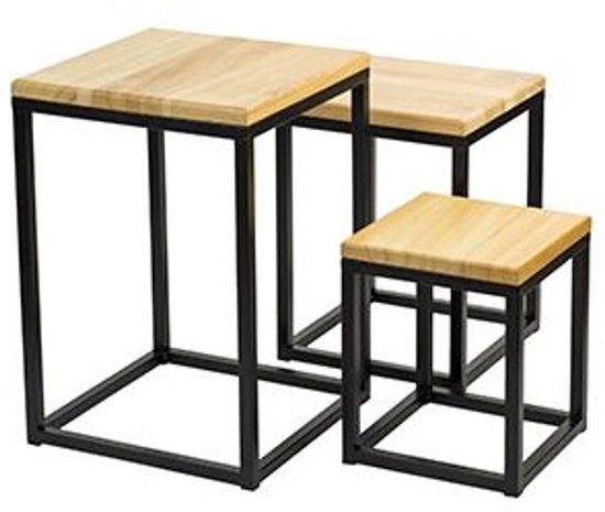 Cosy & Trendy Bijzettafel Set van 3 – Hout & Zwart Metaal – Vierkant – Industriële Bijzettafels