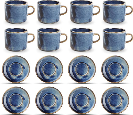 GLAMOMAX'S Choice - Blue Nova Kop en Schotel Set - 20cl - Porselein - 8 Persoons - 16 Delige Koffieset - 8+8 Koffiekop&Schotel - Blauw - Vaatwasserbestendig
