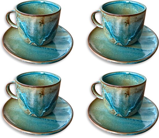 GLAMOMAX'S Choice – Emerald Studio Luxe Kop en Schotel Set – Porselein – Emerald – 24 cl - 4 Persoons – 8 Delige Koffieset – 4+4 Koffiekop&schotel – Servies – Vaatwasserbestendig