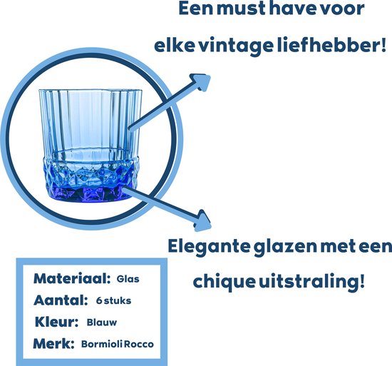 GLAMOMAX'S Choice - Blauwe Retro Waterglazen '20s - Blauw - 37 cl - 6 stuks - Drinkglazen - Tumbler - Vaatwasserbestendig - Vintage look