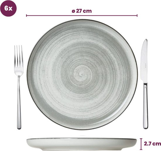 Cosy & Trendy Serviesset 6 personen – Baltic Grey – 18-delig – Bevat Dinerborden, Ontbijtborden & Diepe Borden – Lichtgrijs aardewerk met uniek patroon – Vaatwasser- en Magnetronbestendig – Stapelbaar