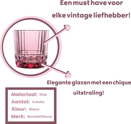 GLAMOMAX'S Choice - Lila Rose Retro Waterglazen '20s - Lila Rose - 37 cl - 6 stuks - Drinkglazen - Vaatwasserbestendig - Vintage look