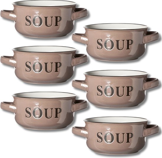 Cosy&Trendy Grijze Soepkommen met Handvaten - 6 stuks - 13.5XH6.5CM - 47 cl - Aardewerk
