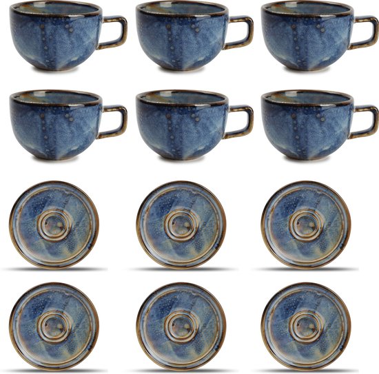 GLAMOMAX'S Choice - Blue Nova Kop en Schotel Set - 28cl - Porselein - 6 Persoons - 12 Delige Cappuccinoset - 6+6 Cappuccinokop&Schotel - Blauw - Vaatwasserbestendig