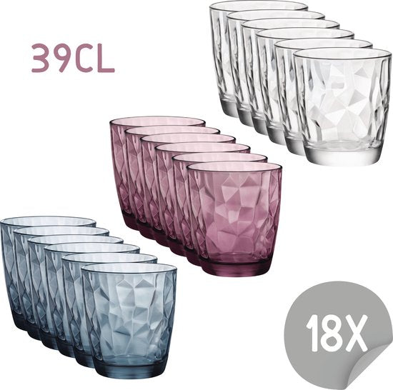 Bormioli Rocco Diamond Waterglazenset - 39 cl - 18 stuks - Blauw - Transparant - Paars - Drinkglazen - Voordeelpakket