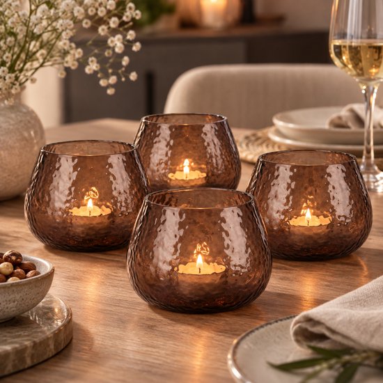 Cosy @ Home Hammered Theelichthouders – Bruin Glas – Set van 4 – Ø10 x H7,5 cm – Sfeervolle Waxinelichthouders
