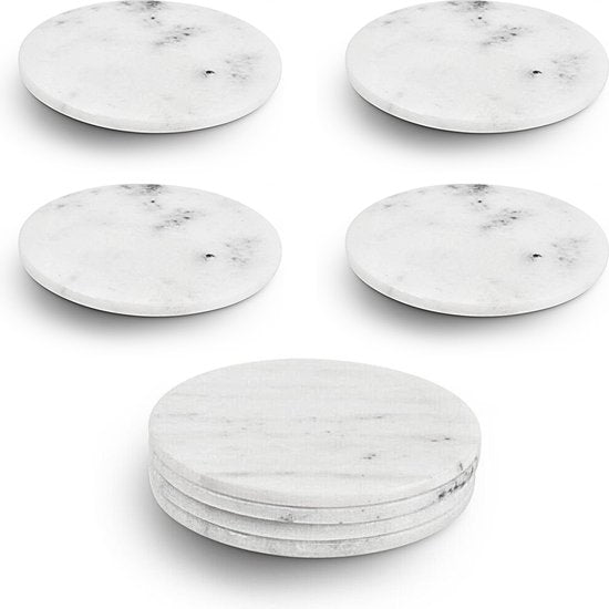Chic Mix – Marmeren Onderzetters – Design Onderzetters voor Glazen – Marmeren Onderzettersset – Marmer – Set van 4 – Marble Coasters – Witte Ronde Glasonderzetters