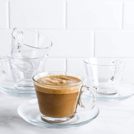 Pasabahce Barista – Kleine Espresso kopjes + Schoteltjes – 80 ml – Set van 6