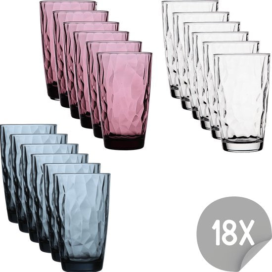 Bormioli Rocco Diamond Waterglazenset - 47 cl - 18 stuks - Blauw - Transparant - Paars - Drinkglazen - Voordeelpakket