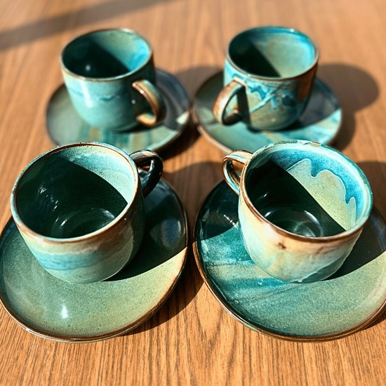 GLAMOMAX'S Choice – Emerald Studio Luxe Kop en Schotel Set – Porselein – Emerald – 24 cl - 4 Persoons – 8 Delige Koffieset – 4+4 Koffiekop&schotel – Servies – Vaatwasserbestendig