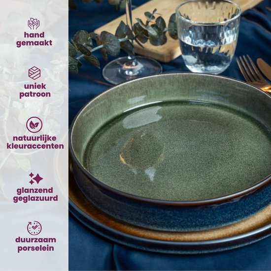 Cosy & Trendy Serviesset Quintana Green – 18-delig / 6 Personen – Bevat 6 Dinerborden, 6 Diepe Borden en 6 Ontbijtborden – Groene aardewerk met unieke textuur – Vaatwasser- en Magnetronbestendig – Stapelbaar