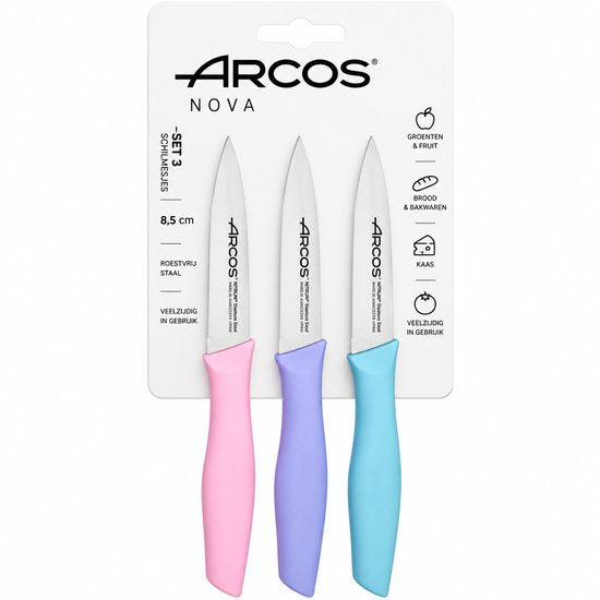 Arcos Nova Schilmesjes – Set van 3 – 8,5 cm – Roze, Paars & Blauw – Keukenmesjes voor Groente en Fruit