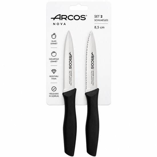 Arcos Nova Schilmesjes – Set van 2 – 8,5 cm – Glad & Gekarteld Lemmet – Zwart