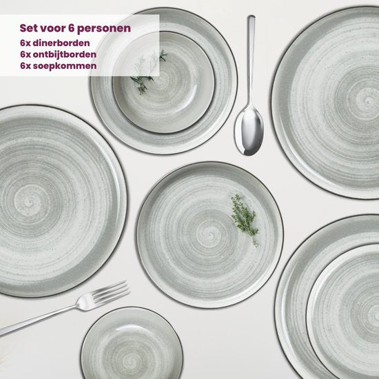 Cosy & Trendy Serviesset 6 personen – Baltic Grey – 18-delig – Bevat Dinerborden, Ontbijtborden & Diepe Borden – Lichtgrijs aardewerk met uniek patroon – Vaatwasser- en Magnetronbestendig – Stapelbaar