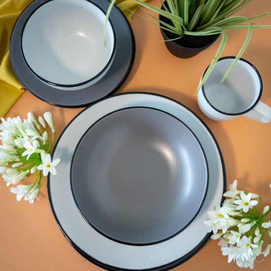 Cosy & Trendy Serviesset Speckle – Grijs – 18-delig / 6 Personen – Bevat 6 Dinerborden, 6 Diepe Borden en 6 Ontbijtborden – Grijs aardewerk met speckle effect – Vaatwasser- en Magnetronbestendig – Stapelbaar
