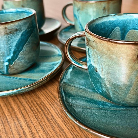 GLAMOMAX'S Choice – Emerald Studio Luxe Kop en Schotel Set – Porselein – Emerald – 24 cl - 4 Persoons – 8 Delige Koffieset – 4+4 Koffiekop&schotel – Servies – Vaatwasserbestendig