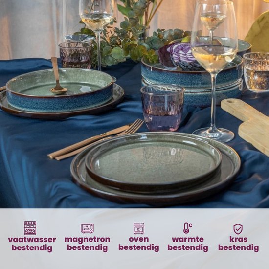 Cosy & Trendy Serviesset Quintana Green – 18-delig / 6 Personen – Bevat 6 Dinerborden, 6 Diepe Borden en 6 Ontbijtborden – Groene aardewerk met unieke textuur – Vaatwasser- en Magnetronbestendig – Stapelbaar