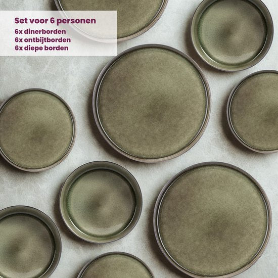 Cosy & Trendy Serviesset Quintana Green – 18-delig / 6 Personen – Bevat 6 Dinerborden, 6 Diepe Borden en 6 Ontbijtborden – Groene aardewerk met unieke textuur – Vaatwasser- en Magnetronbestendig – Stapelbaar