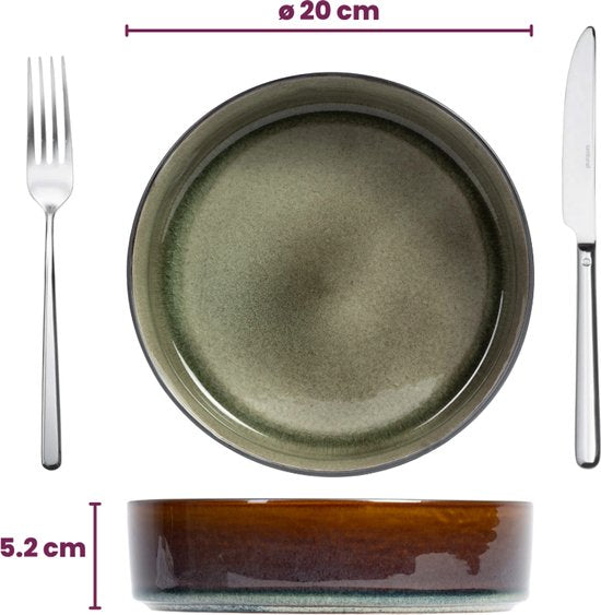Cosy & Trendy Serviesset Quintana Green – 18-delig / 6 Personen – Bevat 6 Dinerborden, 6 Diepe Borden en 6 Ontbijtborden – Groene aardewerk met unieke textuur – Vaatwasser- en Magnetronbestendig – Stapelbaar