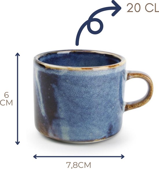 GLAMOMAX'S Choice - Blue Nova Kop en Schotel Set - 20cl - Porselein - 8 Persoons - 16 Delige Koffieset - 8+8 Koffiekop&Schotel - Blauw - Vaatwasserbestendig