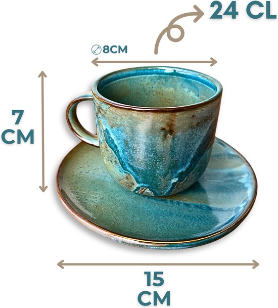 GLAMOMAX'S Choice – Emerald Studio Luxe Kop en Schotel Set – Porselein – Emerald – 24 cl - 4 Persoons – 8 Delige Koffieset – 4+4 Koffiekop&schotel – Servies – Vaatwasserbestendig