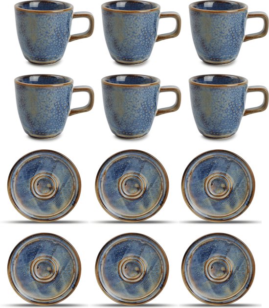 GLAMOMAX'S Choice - Blue Nova Kop en Schotel Set - 9cl - Porselein - 6 Persoons - 12-Delige Espresso set - 6+6 Espressokop&Schotel - Blauw - Vaatwasserbestendig