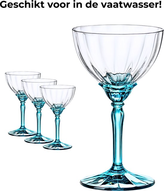 Bormioli Rocco Florian Champagneglazen - Luxe Cocktail glazen - 4 stuks - 24 cl - Blauwe stam - Bundel - Blauw - Pornstar Martini