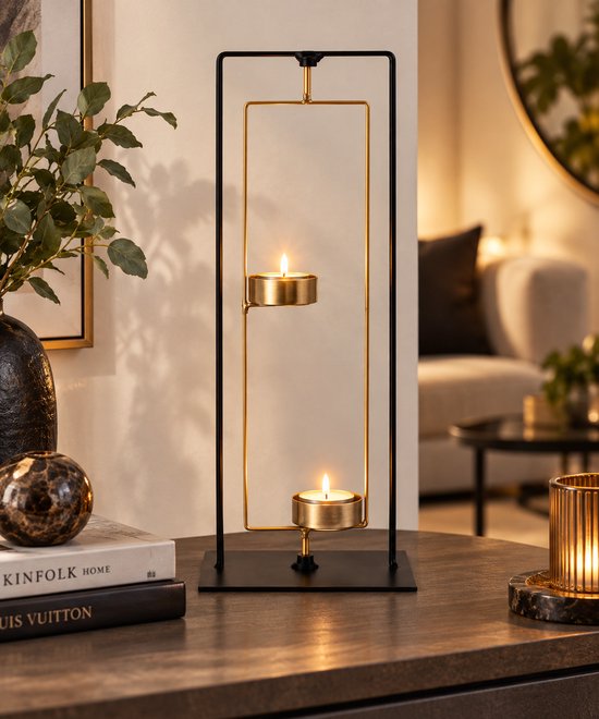 Theelichthouder X2 Gold Combi Zwart 13x8 Xh29,5cm Langwerpig Metaal