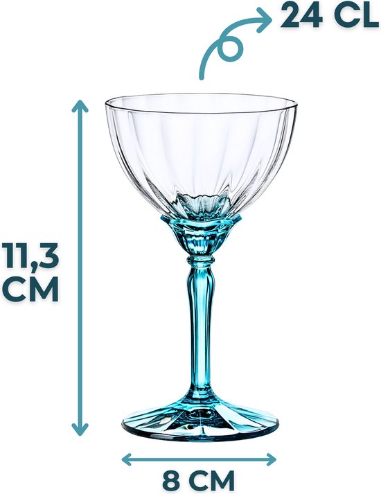 Bormioli Rocco Florian Champagneglazen - Luxe Cocktail glazen - 4 stuks - 24 cl - Blauwe stam - Bundel - Blauw - Pornstar Martini