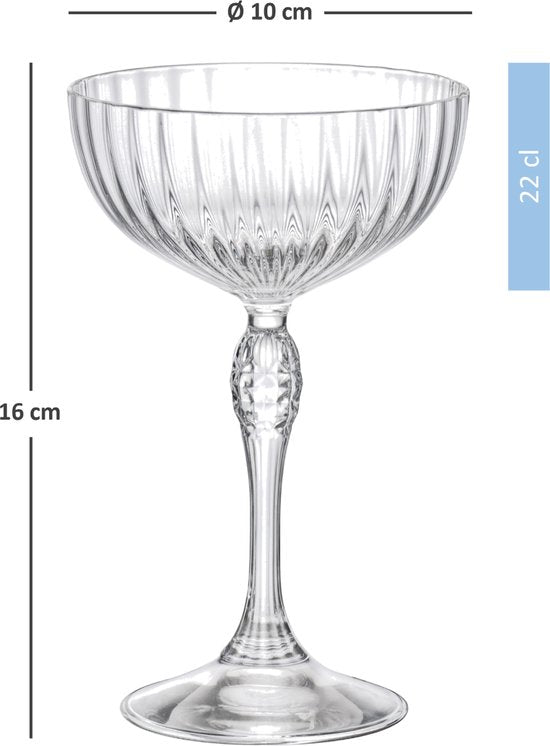 ​Bormioli Rocco Cocktailglazen America 20's - 220 ml - Set van 4 Vintage Cocktailglazen - Kristalhelder Glaswerk - Duurzaam & Vaatwasserbestendig voor Cocktails en Mixdranken​